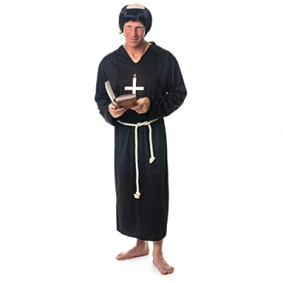 Image of Adult Mens Monk Friar Halloween Costume, Robe Medieval.Adults Costume Black Robe, White Belt, Gold Cross, Wig Adults