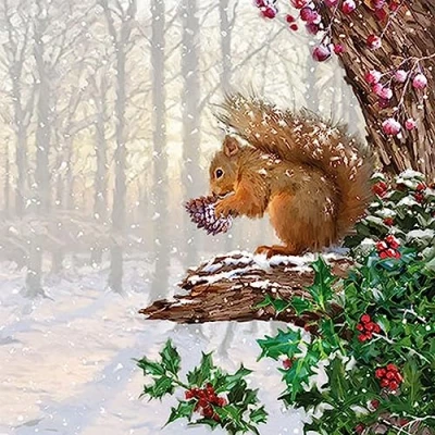 Image of 20 Napkins Christmas Squirrel in Winter Tree as Table Decoration Paper with Motif Made from Recycled Material Ecological and Sustainable 33 x cm