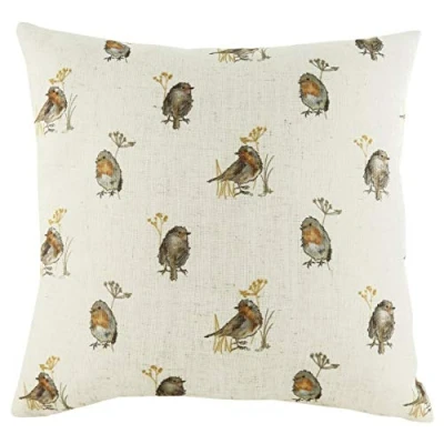 Image of Evans Lichfield Oakwood Robin Repeat Watercolour Square Feather Filled Cushion Beige One Size