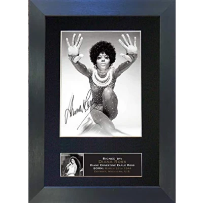 Image of DIANA ROSS Signed Autograph Mounted Photo Reproduction PRINT A4 Very Rare (297 x 210mm) #665 (Black Frame)