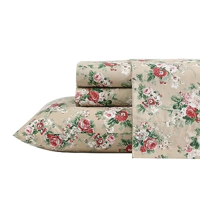 Image of Laura Ashley Queen Sheets, Cotton Percale Bedding Set, Crisp &amp; Cool Home Decor (Ashfield Beige, Queen)