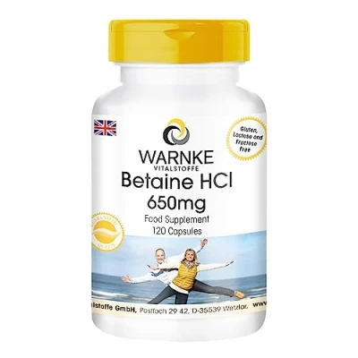 Image of Betaine HCl 650mg, Vegan, 120 Capsules Warnke Vitalstoffe German Pharmacy Quality