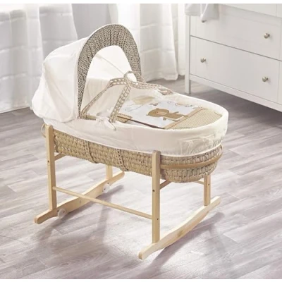 Image of ELEGANT BABY Beary Nice Cream Palm Moses Basket with Chester Natural Rocking Stand, Adjustable Hood, Fibre Mattress &amp; Padded Liner