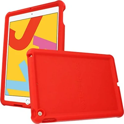 Image of TECHGEAR Bumper Designed for Apple iPad 10.2&quot; 2021 2020 2019, 9th / 8th 7th Generation, Rugged Shockproof Soft Silicone Protective Easy Grip Anti Slip Kids Proof Case with Screen Film [Red]