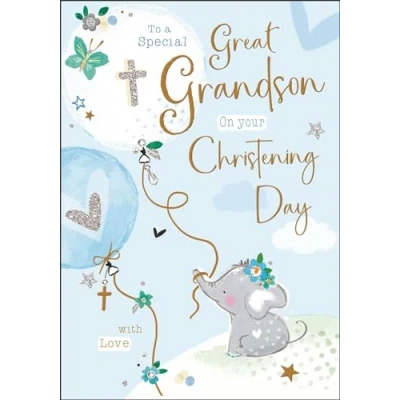 Image of Great Grandson Christening Congratulations Card Special Elephant and Balloons Finishes Illustrated Insert Leaf Made in the UK