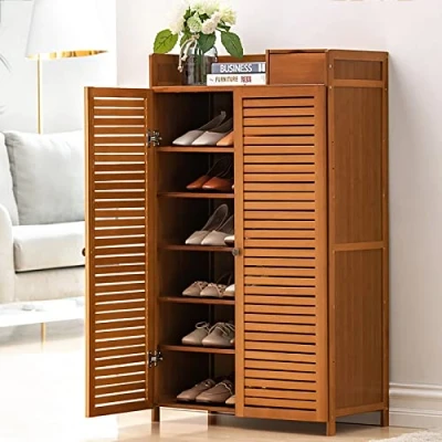 Image of FUYAO Bamboo Shoe Cabinet,Rustic Entryway Storage Cabinet Rack Cabinet,Shoes With Doors And Drawer,Farmhouse Organizer For Hallway Bedroom Closet