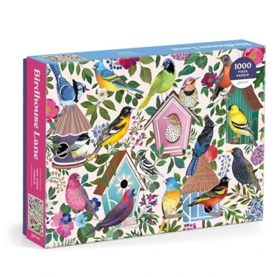 Image of Galison Birdhouse Lane 1000 Piece Jigsaw Puzzle Featuring Beautiful Artwork Of Birds and Birdhouses
