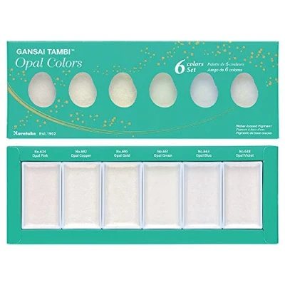 Image of Kuretake Gansai Tambi Opal Colors, 6 Colors Set, Polarized Pearl, Metalic, Ideal for Calligraphy, Illustrations, Brush Lettering, Fineart and more, Accent Color, Made in Japan, MC20OC/6V