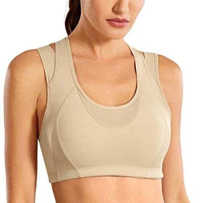 Image of SYROKAN Women&#039;s High Impact Support Wirefree Workout Racerback Sports Bra Top Apricot L