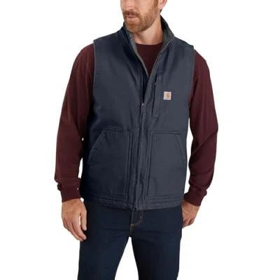 Image of Carhartt Men&#039;s Sherpa Lined Mock Neck Vest Work top Clothing, Navy, S