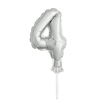 Image of Silver Foil Number 4 Balloon Cake Topper (12cm) Perfect for Milestone Celebrations 1 Pc