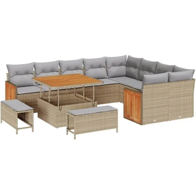 Image of vidaXL 12 Piece Garden Sofa Set with Cushions Beige Poly Rattan Acacia