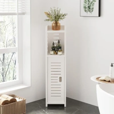 Image of Dripex 4 Tier Bathroom Floor Cabinet, Slim White Storage Cabinet with Door, Narrow Free Standing Cupboards Adjustable Shelves for Bathroom, Bedroom or Balcony (Door Style 1)