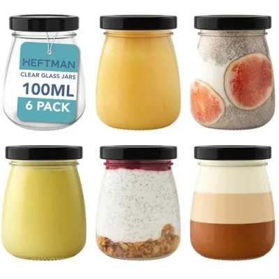 Image of HEFTMAN Small Glass Jars with Lids Set of 6 100ml Empty Airtight Shot Bottles Travel Size Leak Proof Pudding Pots, Yogurt Mini Honey Jars, Jam (100ml)