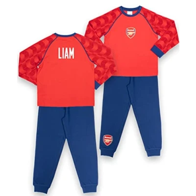 Image of Arsenal F.C. Personalised Kids Pyjamas Red &amp; Navy Long Sleeve With Logo 100% Cotton Sleepwear Official Merchandise 7/8 Years