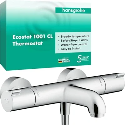 Image of hansgrohe Ecostat bath thermostat exposed, tap with safety stop at 40 C, for tubs, mixer 2 functions, chrome, 13201000