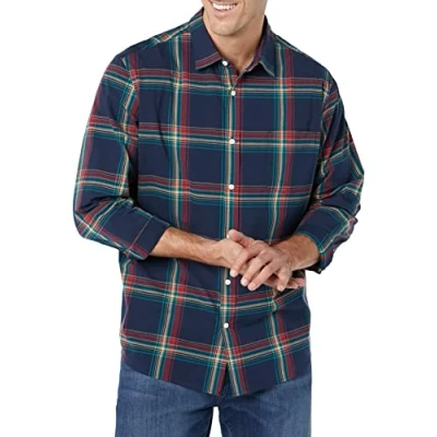 Image of Amazon Essentials Men&#039;s Long Sleeved Regular Fit Stretch Poplin Shirt, Navy Red Teal Blue Plaid, XS