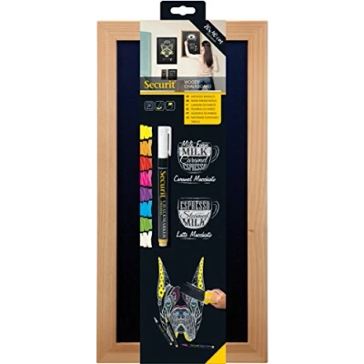 Image of Securit Woody Wood Board with Chalk Marker, Lacquered Teak Finish, 20 x 40 cm, 20x40