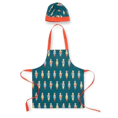 Image of Catherine Lansfield Kitchen Christmas Nutcracker Cotton Kids Apron &amp; Hat Set Green