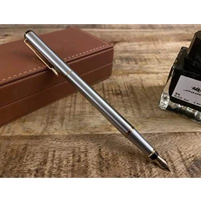 Image of Jinhao Baoer 801 Luxury Executive Stainless Steel Fountain Pen Writing Set + 5pk BLUE Cartridges...(Blue Ink Cartridges, Style Pen)