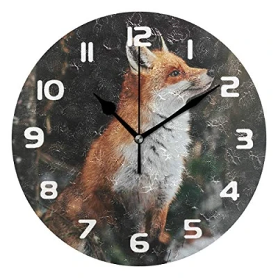 Image of Hunihuni Wall Clock Wild Forest Animal Fox Silent Non ticking for Bedroom Living Room Home Office Decor