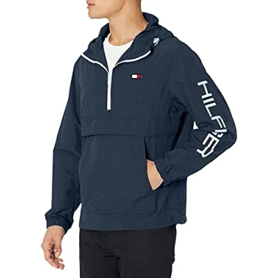 Image of Tommy Hilfiger Men&#039;s Retro Lightweight Taslan Hooded Popover Water Resistant Windbreaker Jacket, Navy, Small