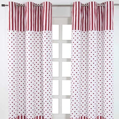Image of HOMESCAPES 100% Cotton Unlined Eyelet Curtain Pair Love Hearts Red White 137cm (54&quot;) Wide x 228cm (90&quot;) Drop