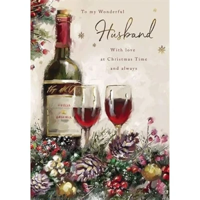 Image of Wonderful Husband Christmas Card Festive Wine with a Foil Finish Eco Friendly and Recyclable By Paper House