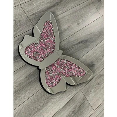 Image of Biznest SPARKLY BLING PINK CRUSHED DIAMOND CRYSTAL 60X40CM SHINY WALL HANGING BUTTERFLY
