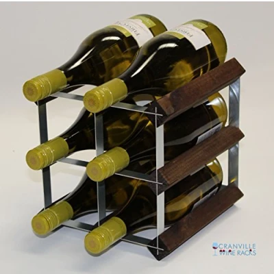 Image of Classic 6 bottle dark oak stained wood and galvanised metal wine rack ready assembled
