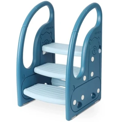 Image of Onasti Step Stool for Kids, 3 Height Adjustable Toddler Stool, Plastic Learning Tower, Kitchen Helper, Toilet Steps with Handles and Non Slip Pads, Counter, Bathroom &amp; Sink (Blue)