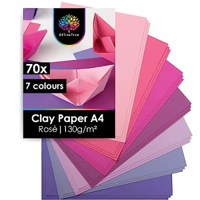 Image of OfficeTree 70 x Pink Coloured Paper A4 7 Colours 130 g/m² Crafting Set Children Card for Designs Construction