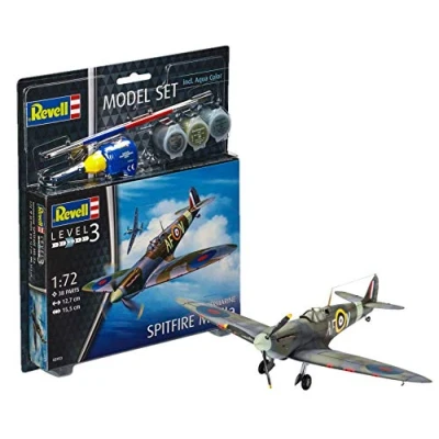 Image of Revell Model Set 63953 Spitfire Mk.IIa 1:72 Scale Unbuilt/Unpainted Plastic Kit with Contacta Professional Glue, Paintbrush &amp; Selected Aqua Color Paints