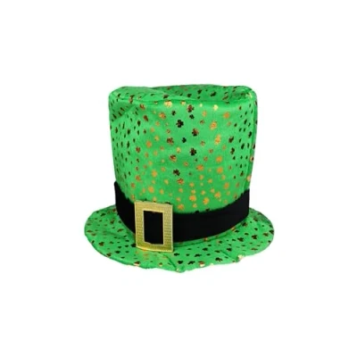 Image of HENBRANDT Adult Green Top Hat with Buckle and Gold Shamrock Decorations St Patrick&#039;s Day Accessories Leprechaun One Size Irish Fancy Dress Costume Accessory Novelty Hats for Men Women