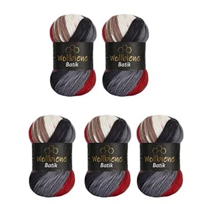 Image of 5 x 100 g Wollbiene Batik, 500 Wool with Colour Gradient, Multicoloured, Knitting Wool, Crochet (2050 Grey, Red, Brown)