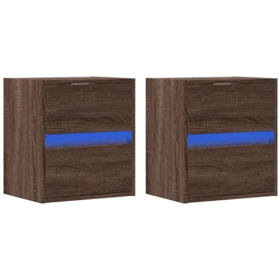 Image of vidaXL Wall Mounted Bedside Cabinets Brown Oak Engineered Wood 2 Drawers LED Lights Space Saving Design 41x31x45cm