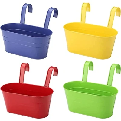 Image of KAHEIGN 4Pcs Metal Hanging Flower Pots, 27.5cm Large Plant Pots Bucket with Detachable Hook for Balcony Fence Garden Home Decor (4 Colors)