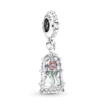Image of Pandora Disney Beauty and The Beast rose sterling silver dangle with clear cubic zirconia, transparent light blue Murano glass, red green enamel