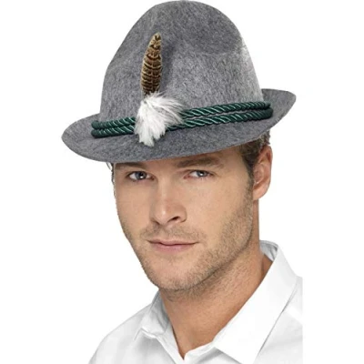 Image of Smiffys German Trenker Hat with Feather, Grey Green Braiding, Oktoberfest Fancy Dress, Adult Dress Up Hats