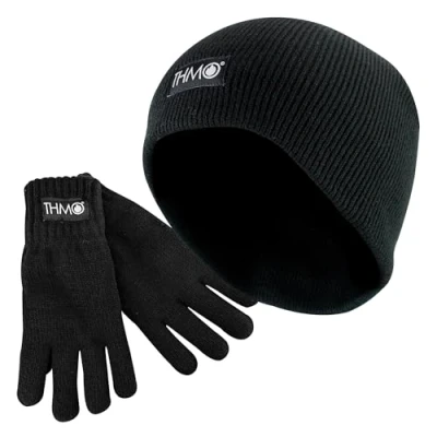 Image of THMO Kids Thinsulate Hat &amp; Gloves Set Knitted Fleece Winter for Childrens (XL, Black)