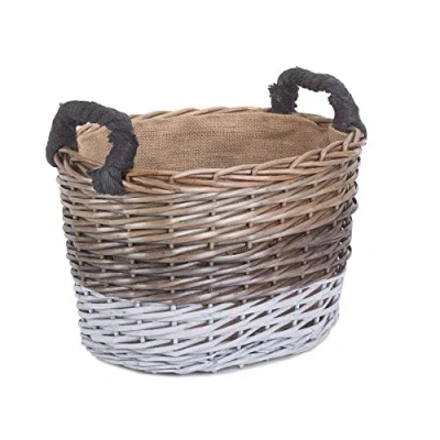 Image of Red Hamper Large Oval Triple Tone Chunky Wicker Lined Storage Basket, Brown