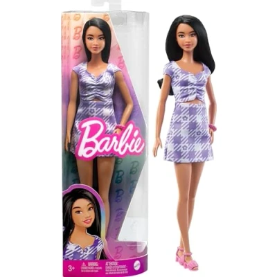 Image of Barbie Doll, Kids Toys, Fashionistas, Wavy Black Hair and Tall Body Type, Gingham Cut Out Dress, Clothes Accessories, HPF75