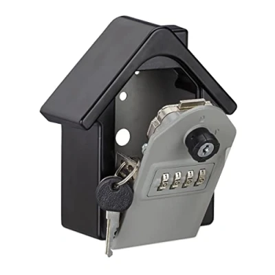 Image of Relaxdays Keybox House, 4 Digit Combination Lock Safe, Emergency Key, Wall mounted Lockbox, 15 x 13.5 7 cm, Black/Grey, aluminum, steel, Pack of 1