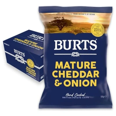 Image of Burts Mature Cheddar and Onion Hand Cooked Crisps Sharing Bags 10 x 150 g Multipack Box Vegetarian Friendly, Gluten Free, Hydrogenated Fat Non GMO Cheese Share