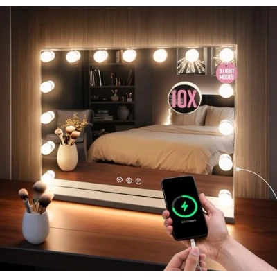 Image of GloBrite Hollywood Vanity Mirror with 15 Dimmable LED Bulbs 3 Lighting Modes, 10x Magnification, Touch Control, USB Charging, Wall/Tabletop, Lighted Makeup for Bedroom, Dressing Room White