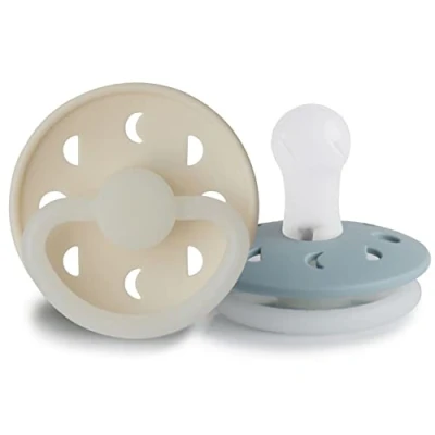 Image of FRIGG Moon Phase Night Silicone Pacifier Pack of 2 Soother Glow BPA Free Made in Denmark Symmetrical Cherry Shaped Nipple (Stone Blue Night/Cream (0 6 Months))