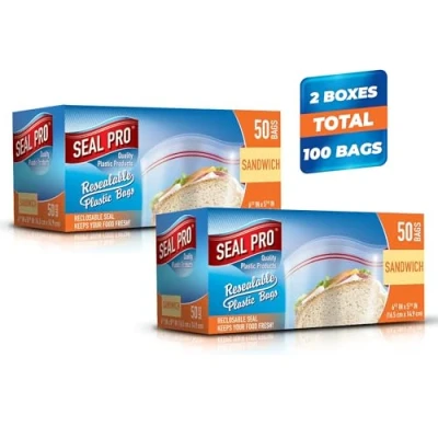 Image of 100 Plastic Zip Seal Food Storage Bags Sandwich, Large Freezer Resealable Slider, Bags, Heavy Duty and Microwave Safe, Sealable Easy To Open Sandwich Pack