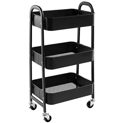 Image of DOEWORKS Storage Cart 3 Tier Metal Trolley Beauty Kitchen on Wheels Rolling Utility for Bedroom Makeup Bathroom Office, Black