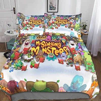 Image of KRIVS My Singing Monsters Bedding Set 3D Duvet Cover for Kids Boys Girls Comforter Soft Bedspread 3 Piece with Zipper Closure Microfiber Double（200x200cm）