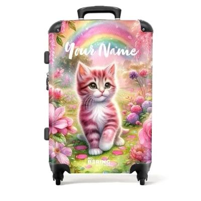 Image of NoBoringSuitcases.com® Children&#039;s Luggage Kids Suitcase for Girls Personalised Large Hard Shell on Wheels Pink White Kitten Flowers 26 28 inch 23kg